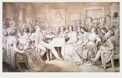 Una noche en casa del Barón von Spaun: Schubert al piano entre sus amigos, incluido el barítono de ópera Johann Vogl (1768-1840)